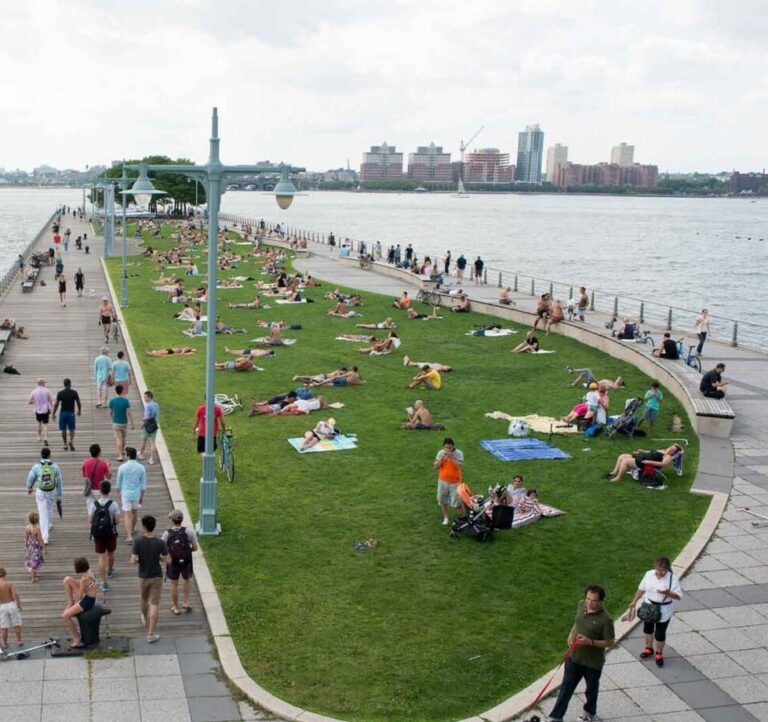 Overhead view of Pier 45's lawn with many sunbathers