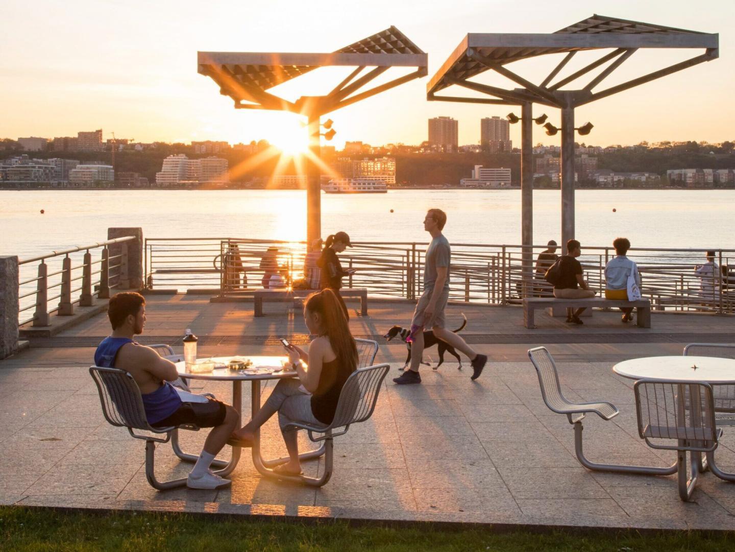 The seating area at Pier 95 at sunset
