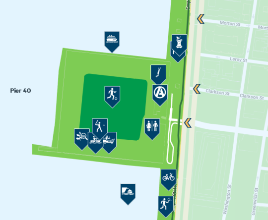 Map of Pier 40 with icons showing the activities available at the pier