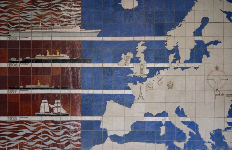 The Holland mural with half red and half blue colors showing the ships that came from Europe and docked at PIer 40