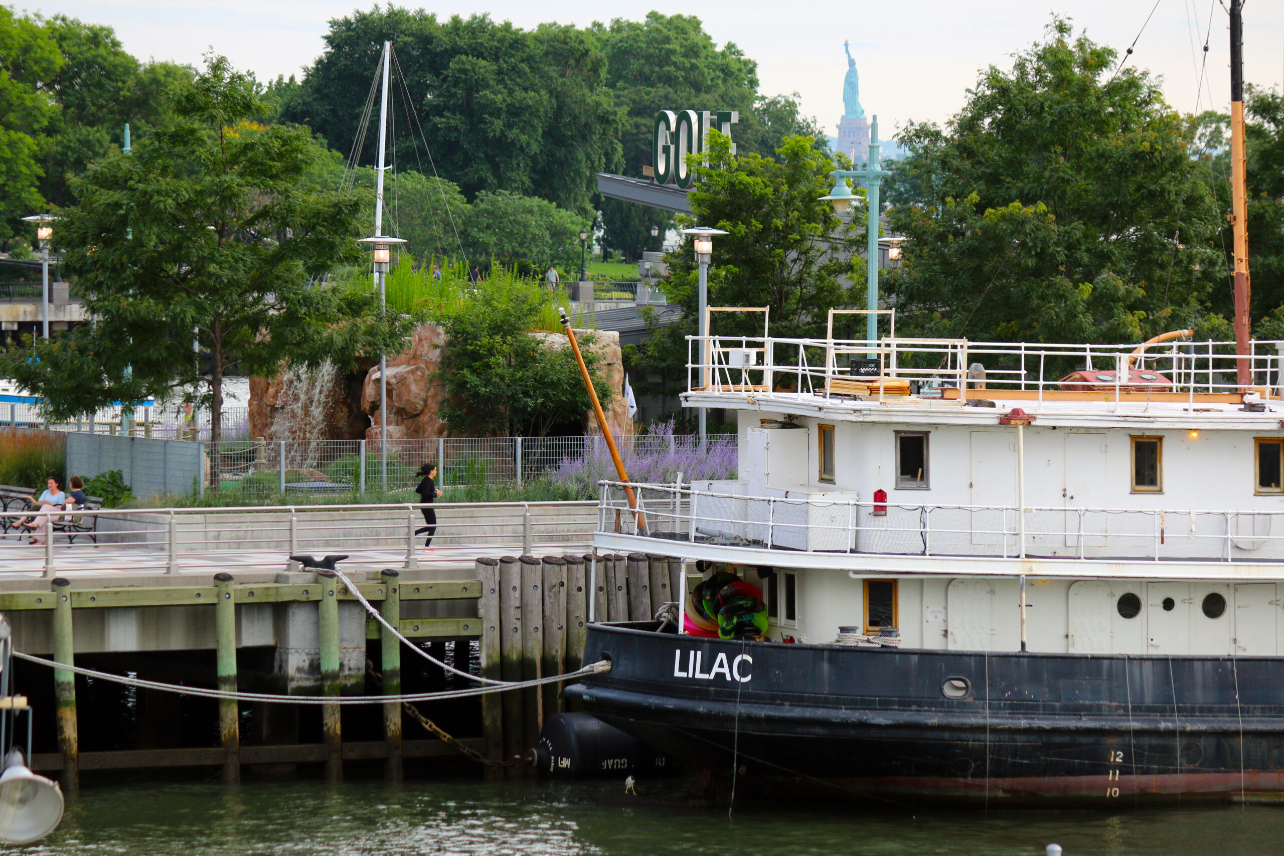 The Lilac, a steam powered lighthouse tender, docked at Hudson River Park's Pier 25