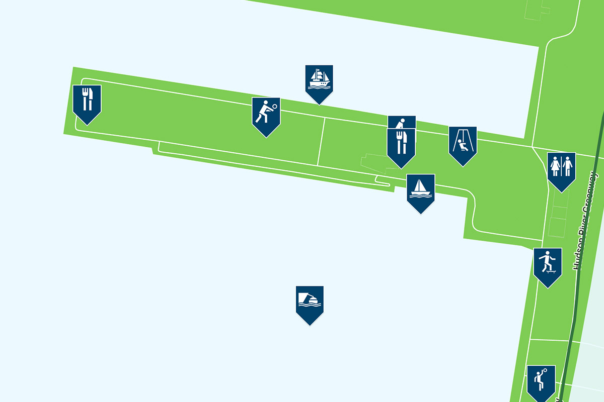 Pier 25 Map Screenshot with available activities shown using navy markers and icons.