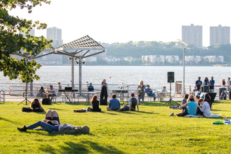 Large gathering of Park patrons bathing in the sun in Clinton Cove