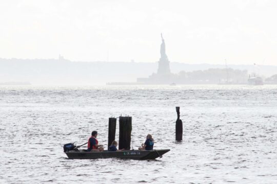 Hudson River Park Trust educators look check the oyster beds near Pier 34