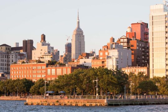 The Empire State Building towers in the distance over Pier 46