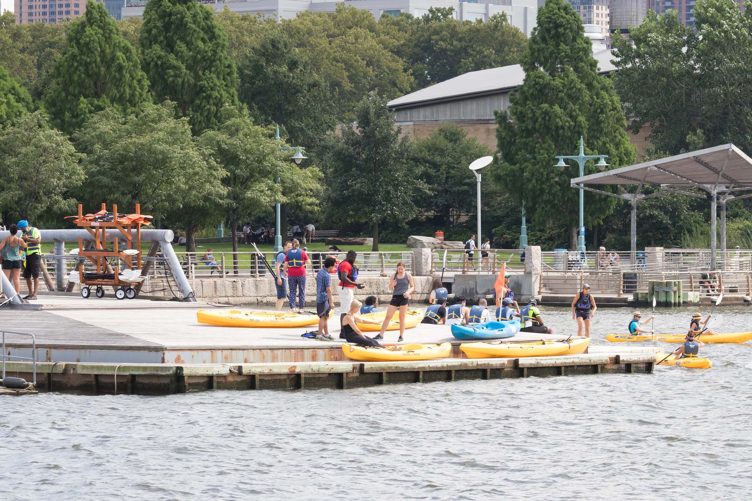 Kayakers prepare for launch in the Hudson River