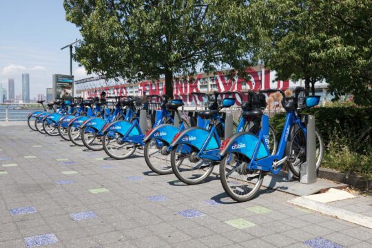 The citi bike kiosk at Pier 40 with the blue bikes stationed