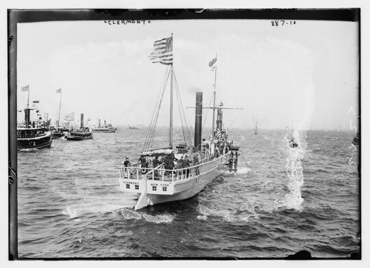 Black and white image of the historic ship Clermont