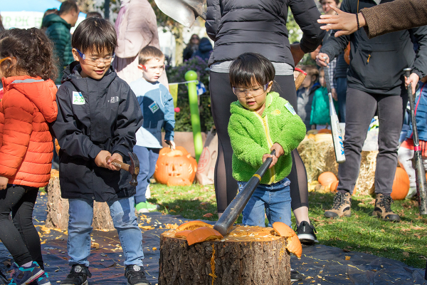 Kids smash pumpkins for composting purposes in Hudson River Park