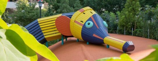 The colorful pipefish slide in Chelsea Waterside Play Area