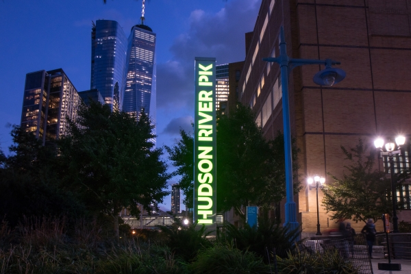 One of the green lit beacons naming Hudson River Park