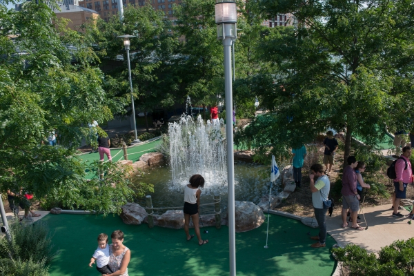 The fountain spouts in the center of the mini-golf course on Pier 25 in Hudson River Park