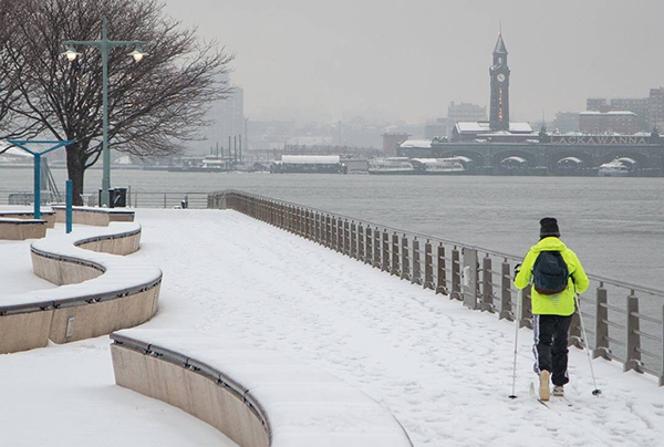 Trekking through the mounds of powdery snow in Hudson River Park