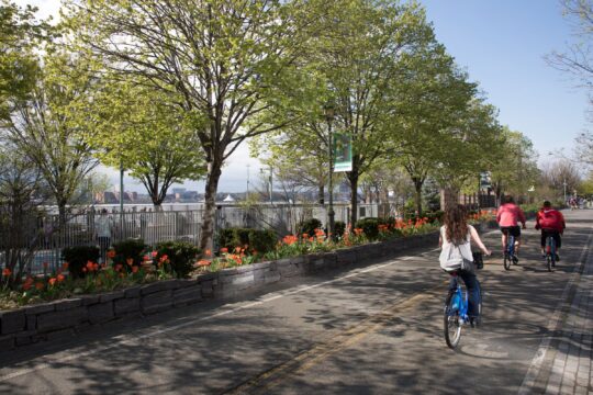 People biking on the Hudson River Greenway bike path outside the Leroy Street Dog Park
