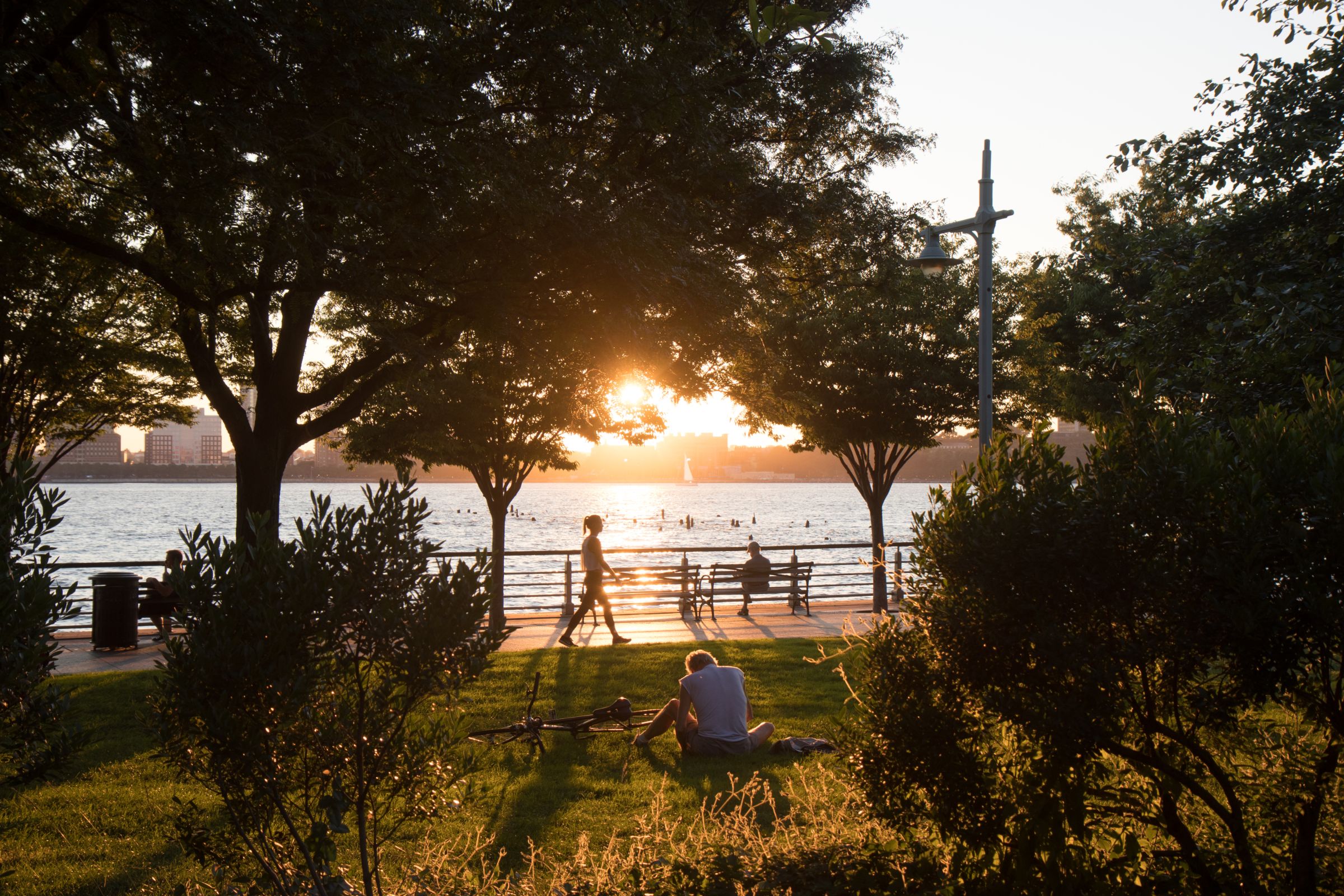 sunset at Hudson River Park, people walking