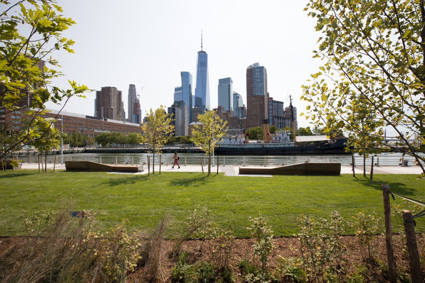 Sunny grass area on Pier 26 at Hudson River Park