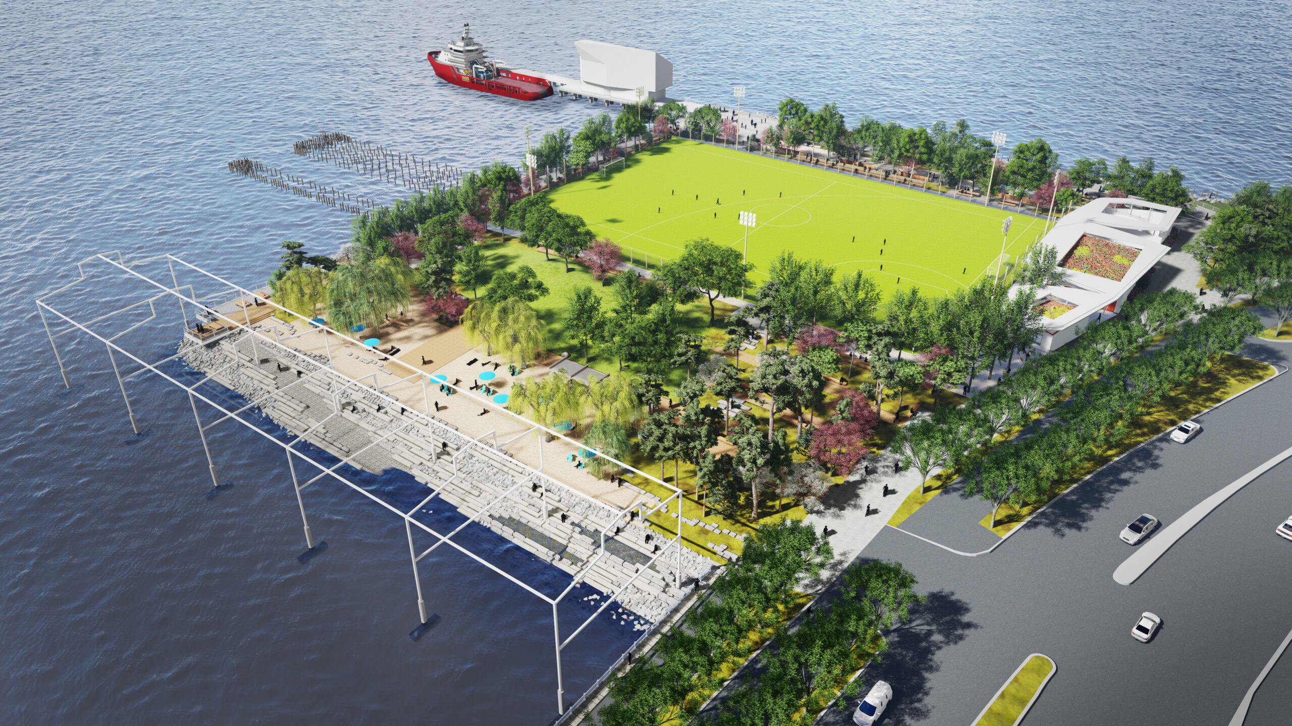 Aerial view of the planned layout of Hudson River Park's Gansevoort Peninsula, featuring a grass sports field and a beach.