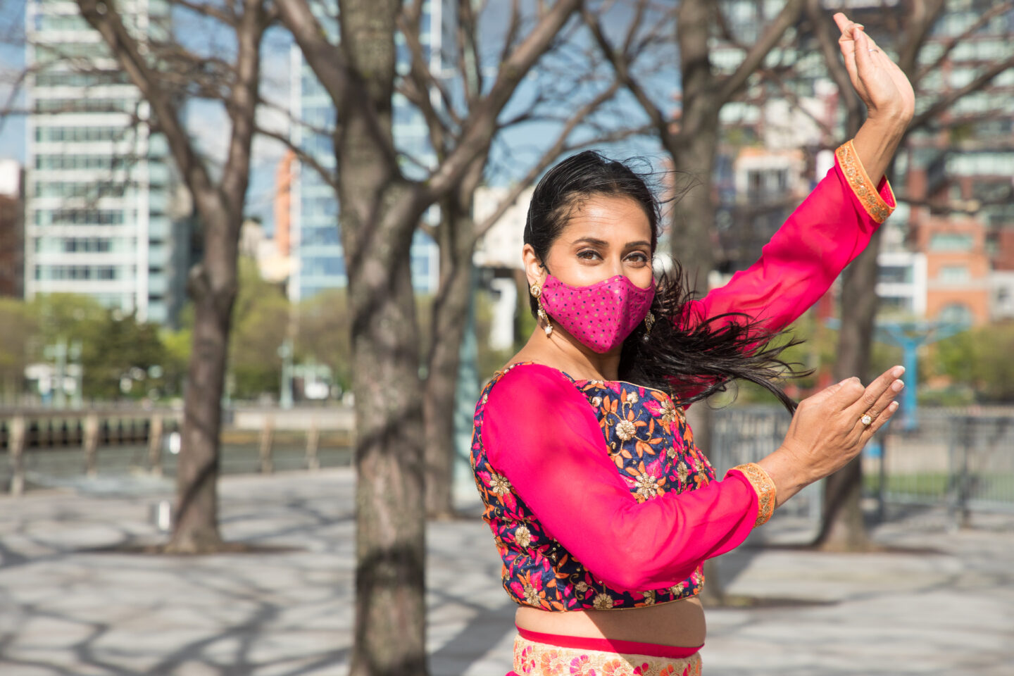 Bollywood & Bhangra intructors from Ajna Dance dancing at Hudson River Park