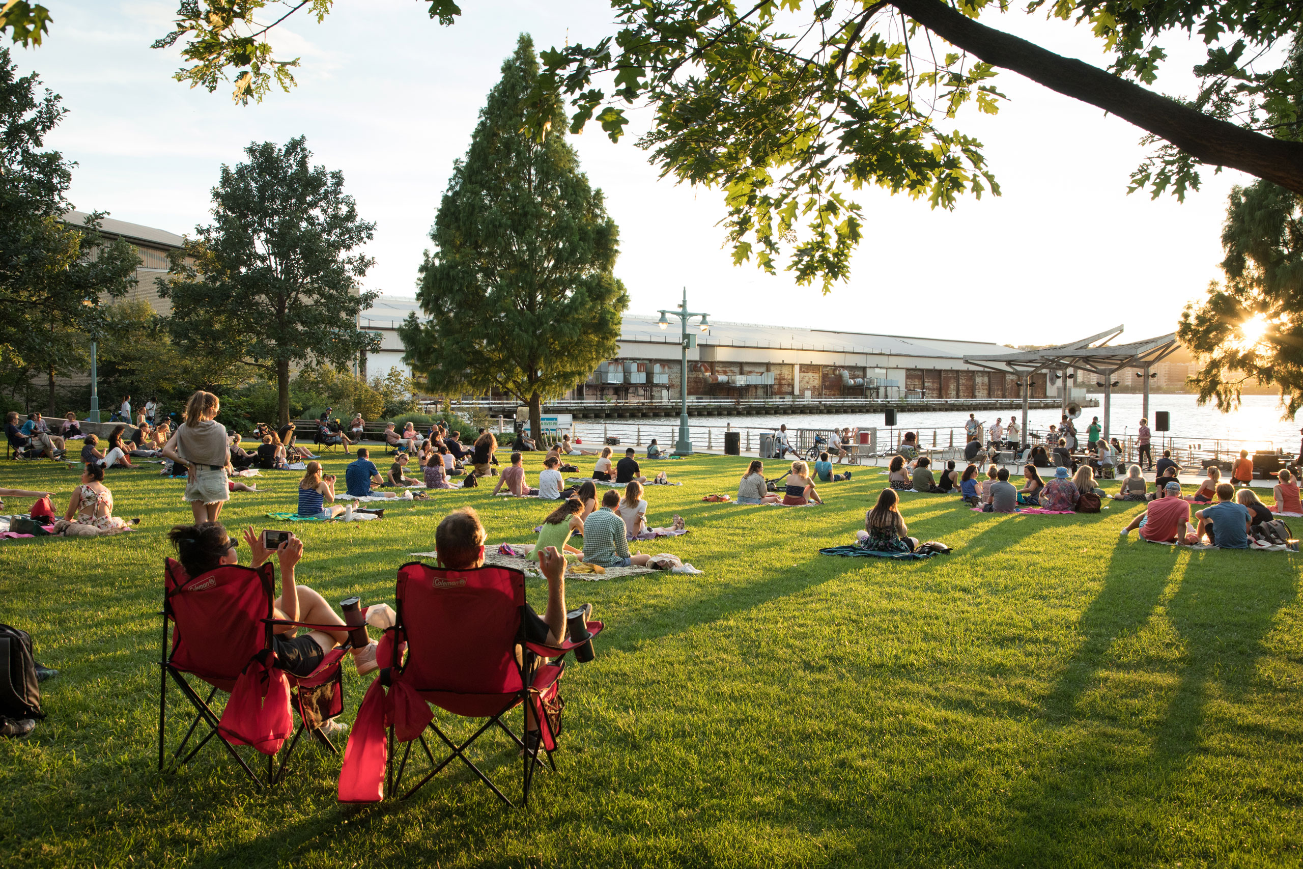 High & Mighty Brass Band performs on Clinton Cove along the riverside at Hudson River Park