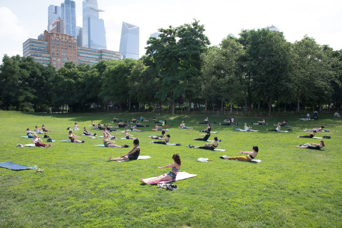 Pilates class led by Chelsea Piers Fitness on Pier 62 at Hudson River Park