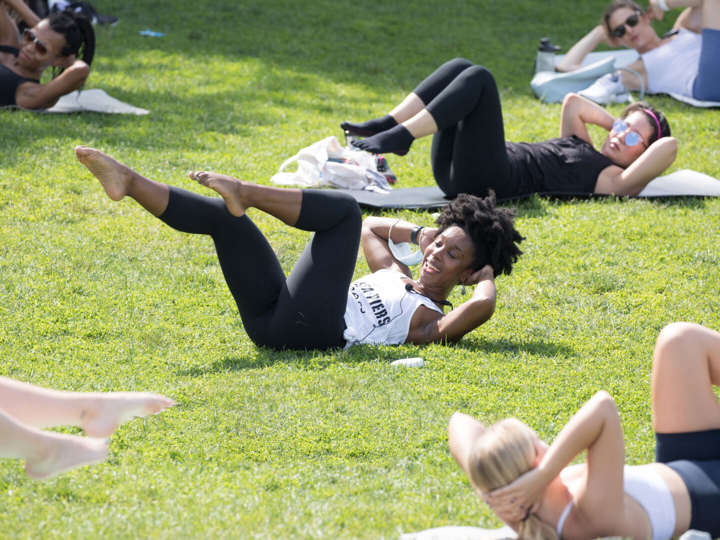Pilates class led by Chelsea Piers Fitness on Pier 62 at Hudson River Park