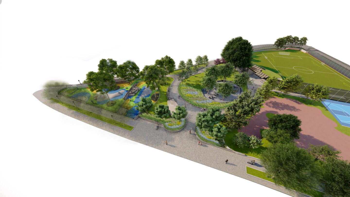 Aerial rendering of improvements coming to Chelsea Waterside Park at HRPK