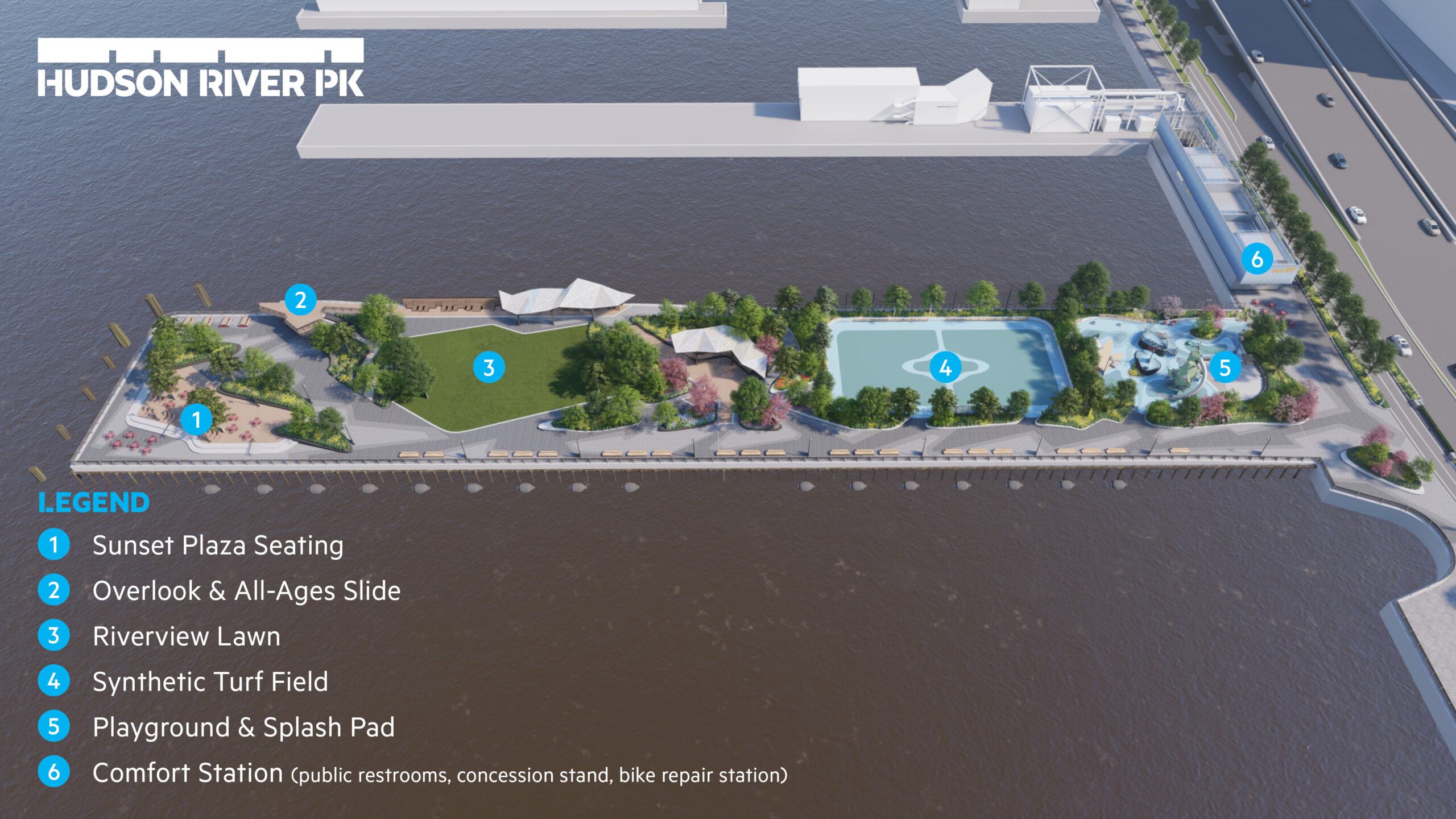 A rendering of Hudson River Park's Pier 97 with a list of planned amenities, including: Sunset Plaza Seating; Overlook and All-Ages Slide; Riverview Lawn; Synthetic Turf Field; Playground and Splash Pad; and Comfort Station with public restrooms, a concession stand and a bike repair station