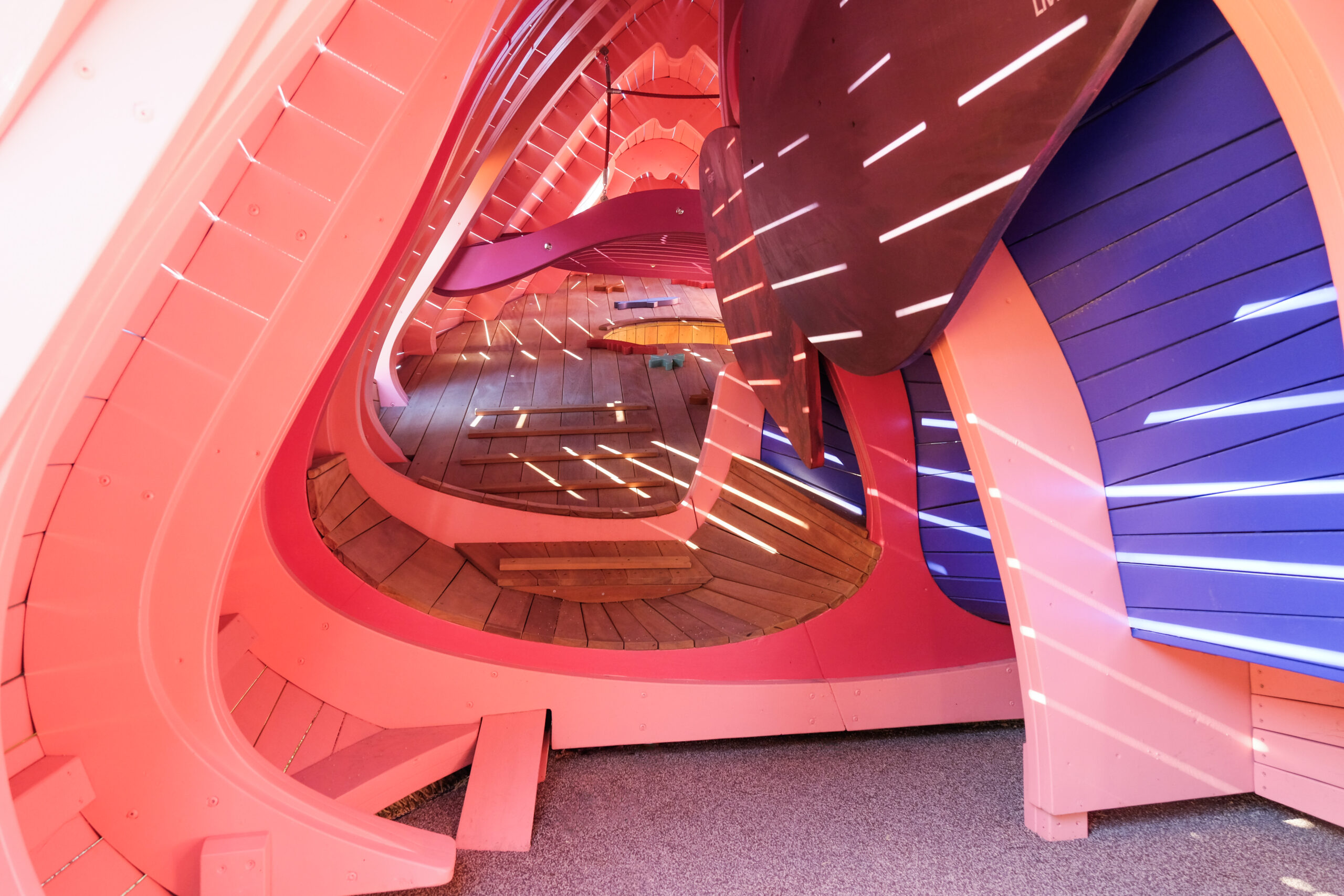 The interior of a Pier 26 Science Playground sturgeon with interactive obstacles inside