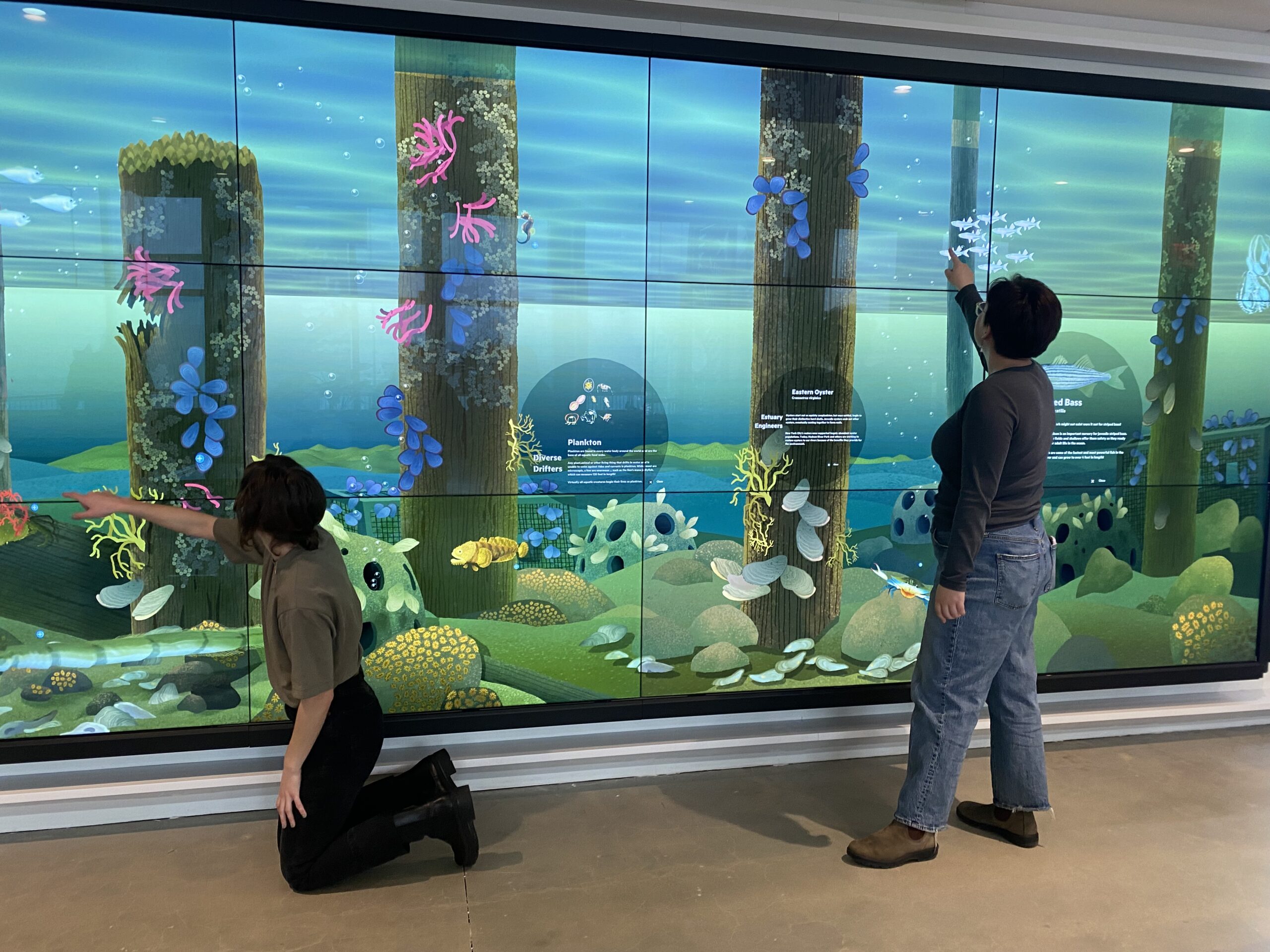 Two people play with interactive features at the Discovery Tank at Pier 57
