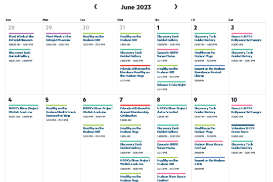 A screenshot of Hudson River Park's event calendar for the first two weeks of June 2023