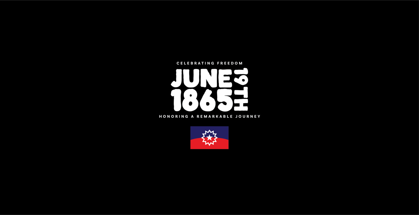 Text reading "Celebrating Freedom — June 19th, 1865 — Honoring a Remarkable Journey" with the Juneteenth flag displayed below
