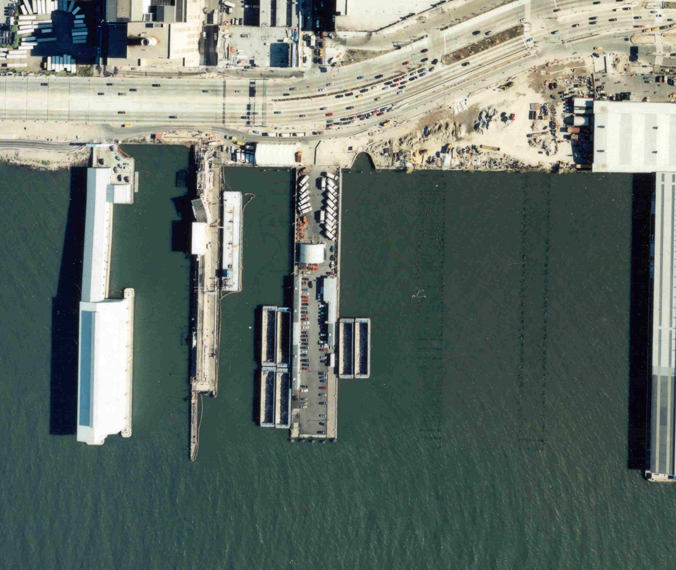 An aerial view of Clinton Cove, including Piers 95 through 99, from 2000.