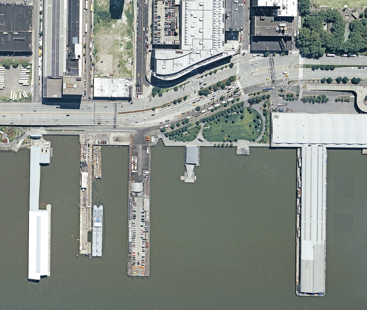 An aerial view of Clinton Cove, including Piers 95 through 99, from 2009.