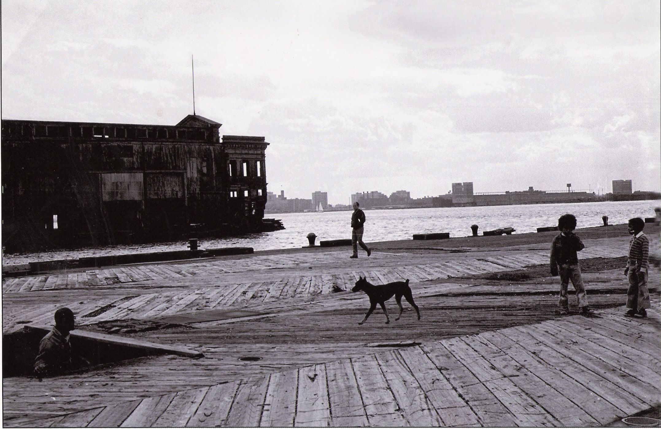 Adults, children anda dog on a wooden Hudson River pier.