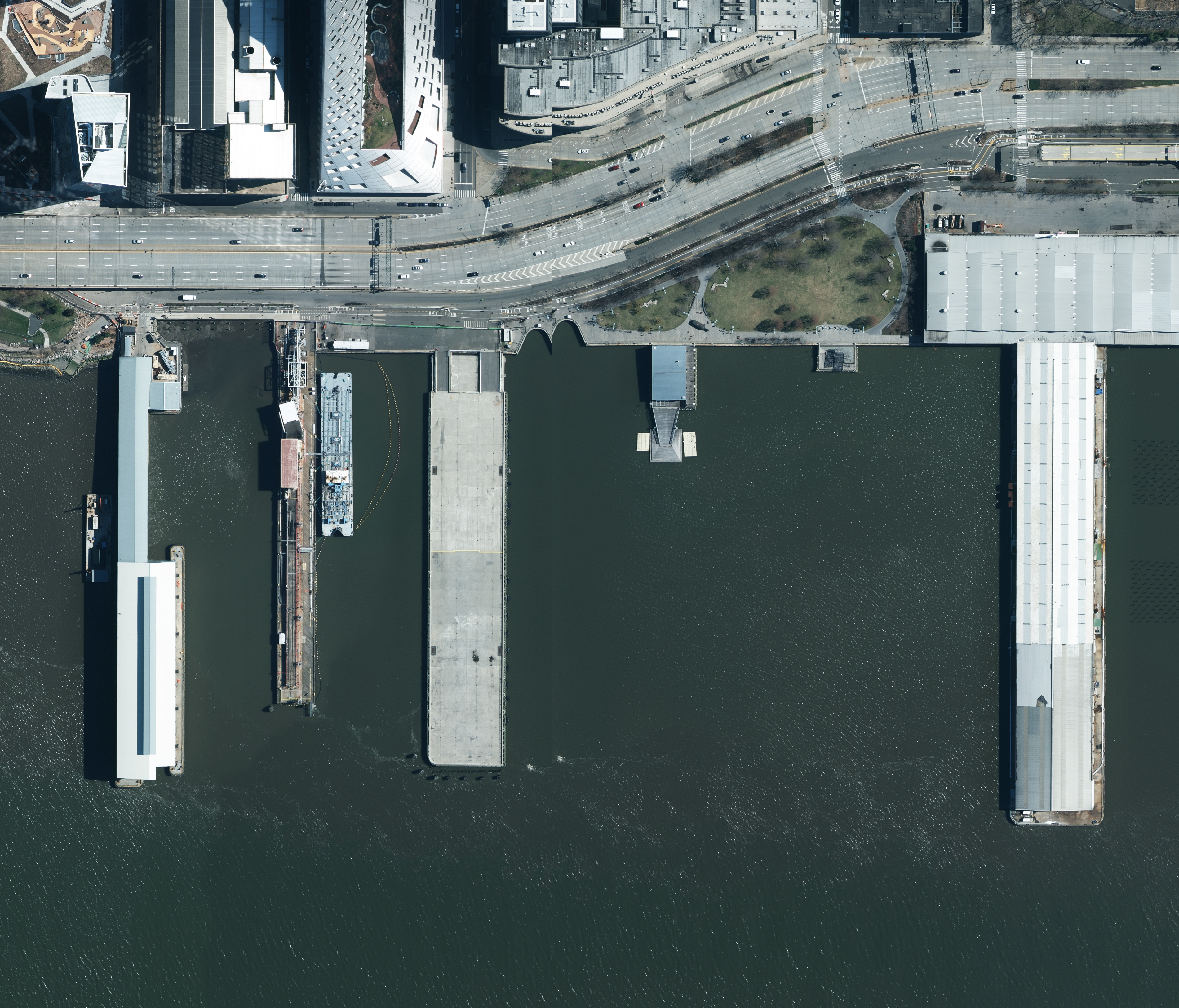 An aerial view of Clinton Cove, including Piers 95 through 99, from 2020.