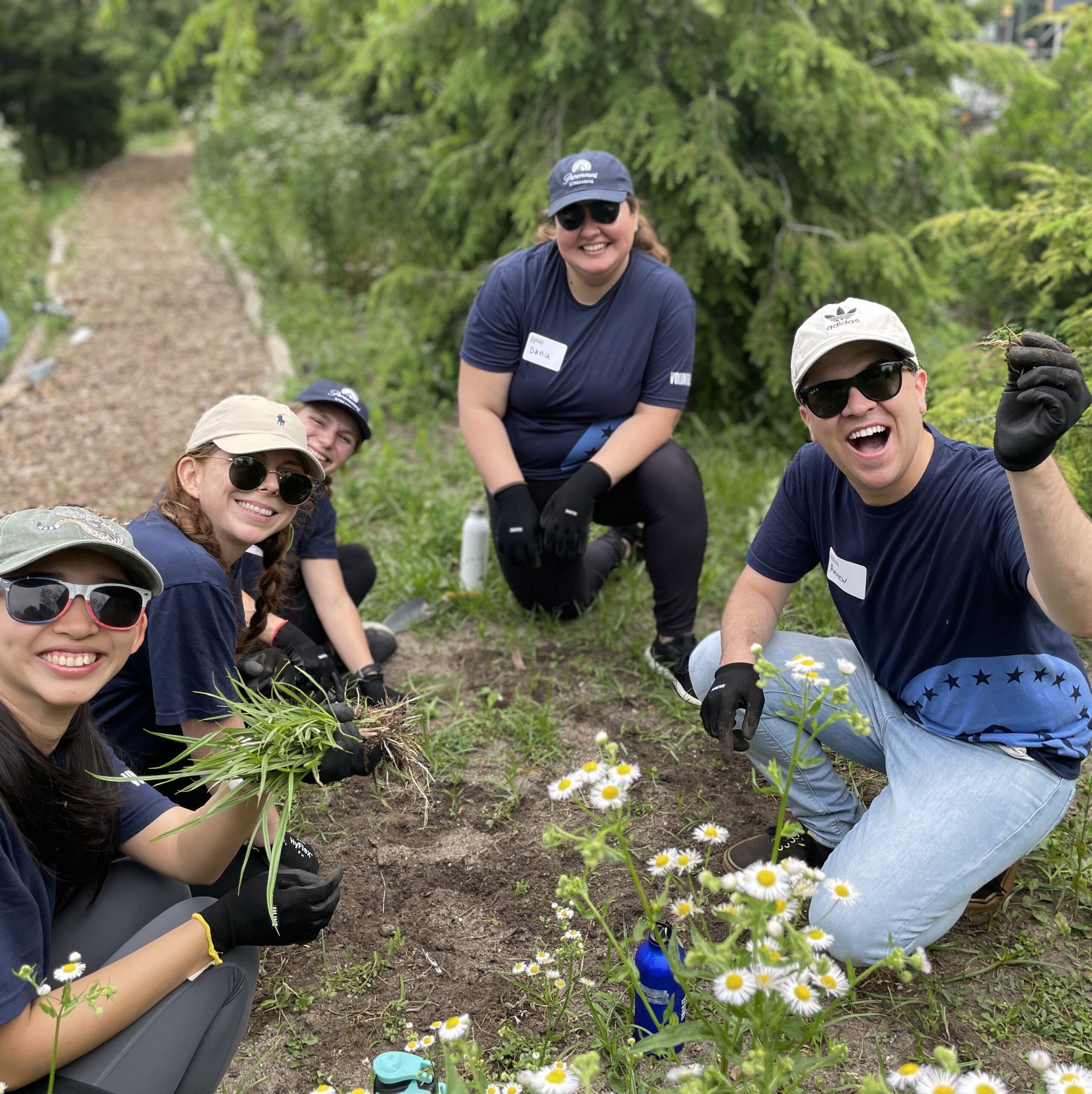 Five volunteers from Paramount working in a Park garden