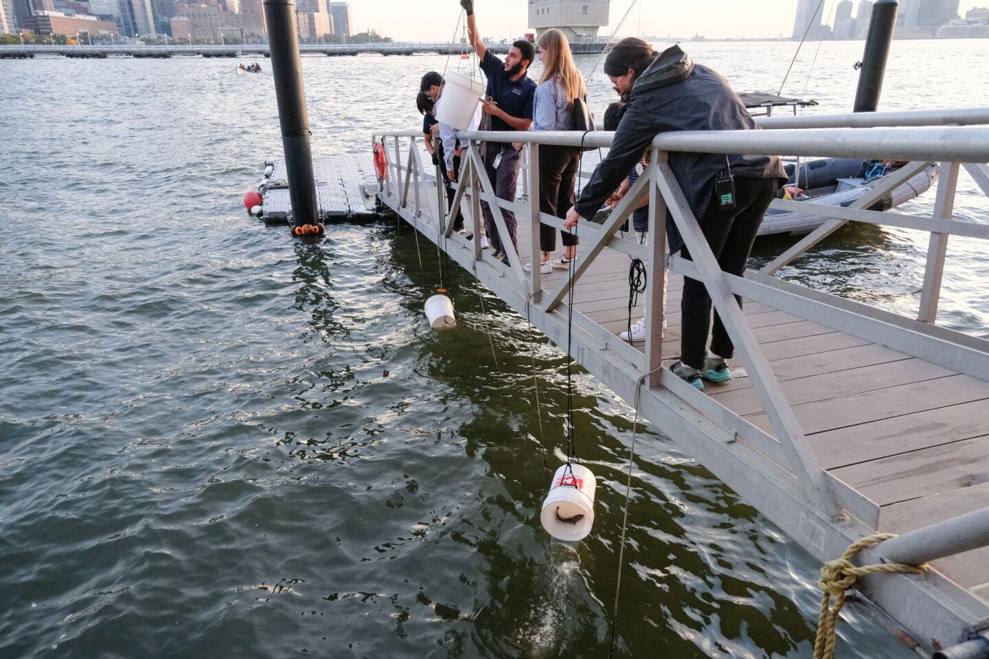 HRPK River Project staffers help attendees lower buckets of fish into the Hudson River at the Release of the Fishes event at Pier 40