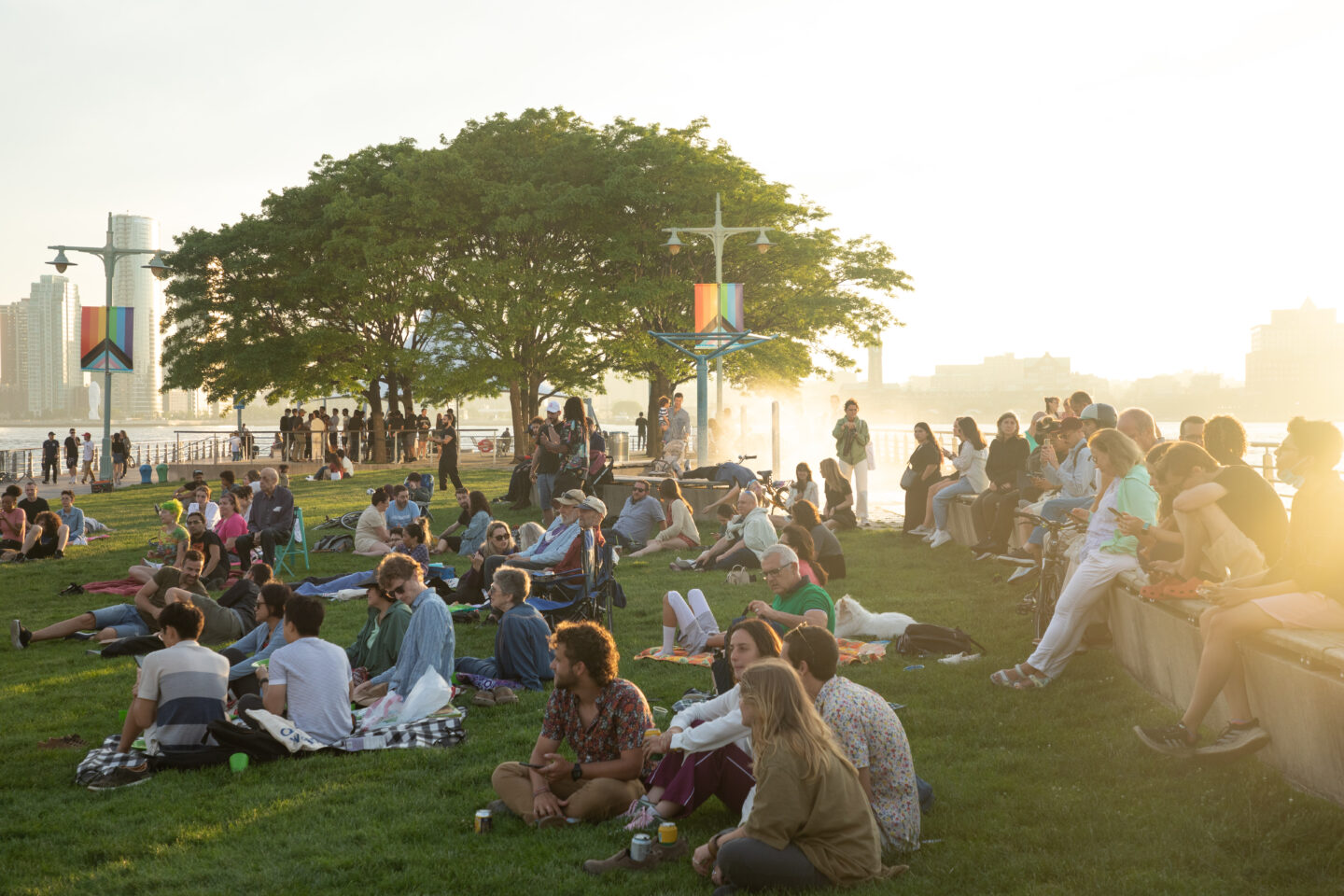 An audience watches a Sunset on the Hudson performance from the Pier 45 lawn