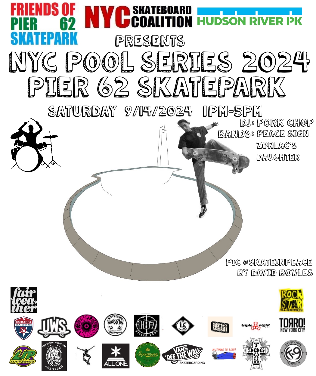 Flyer for the NYC Pool Series 2024 event at the Pier 62 Skatepark; the flyer notes that the event is Saturday, September 14, 2024 from 1:00 PM to 5:00 PM