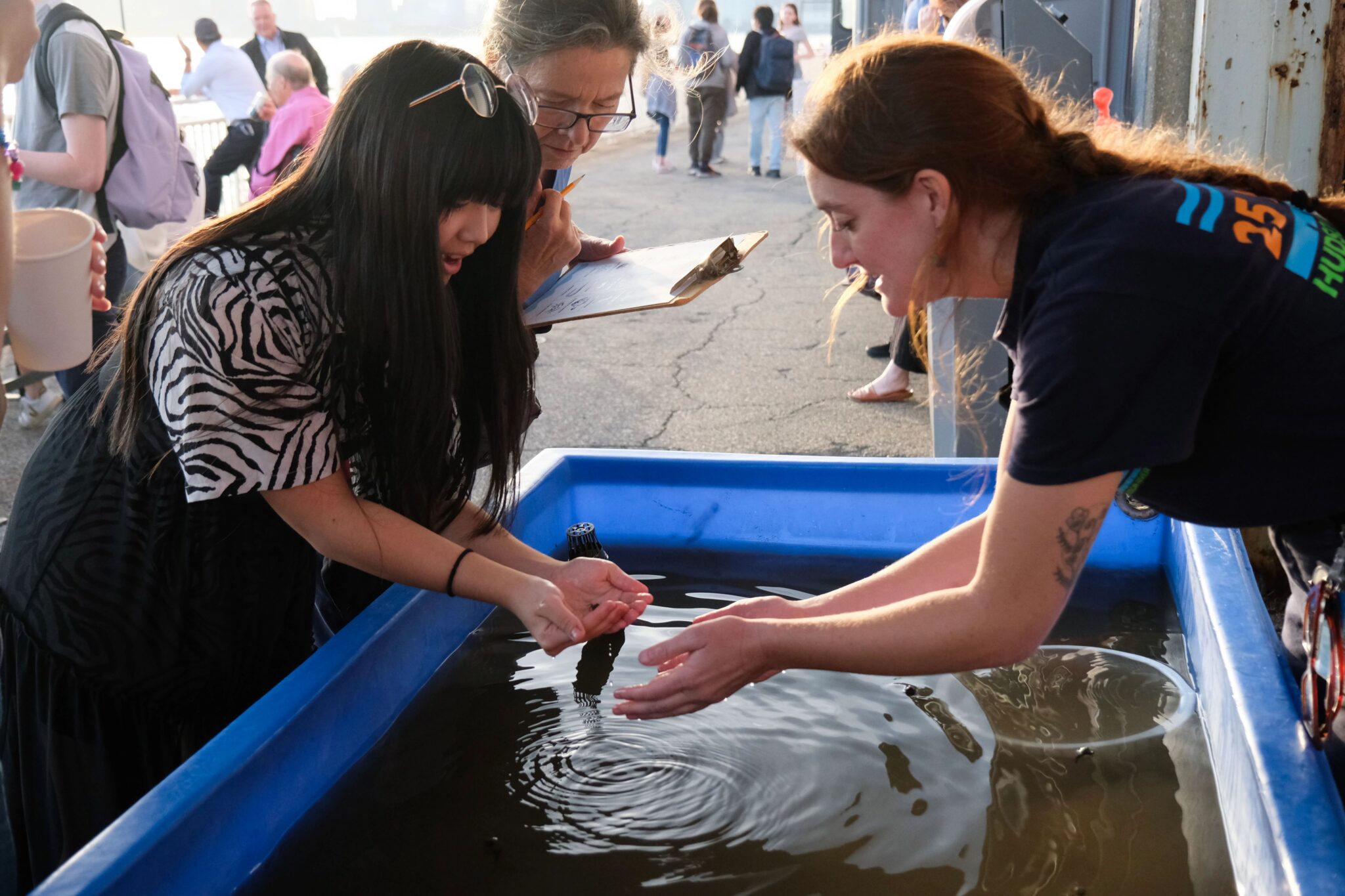 An HRPK River Project staffer places a small crab into the hands of a Release of the Fishes attendee at a touch tank station