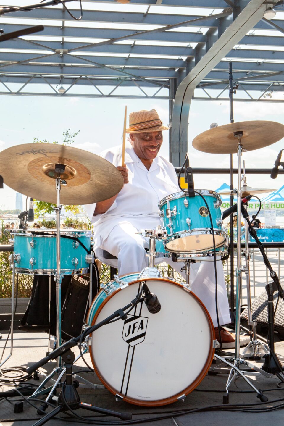 Phil Young playing the drums on the Blues BBQ Festival Second Stage