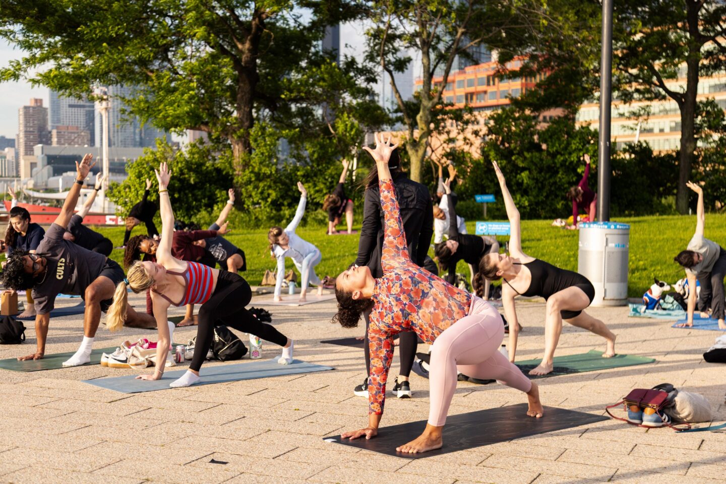 Healthy on the Hudson Yoga class participants hold a "Reverse Warrior" pose on Pier 64