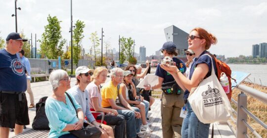 An HRPK River Project staffer holds a model of a reef ball up to show attendees of a Shoreline Strolls Park Tour at Gansevoort Peninsula