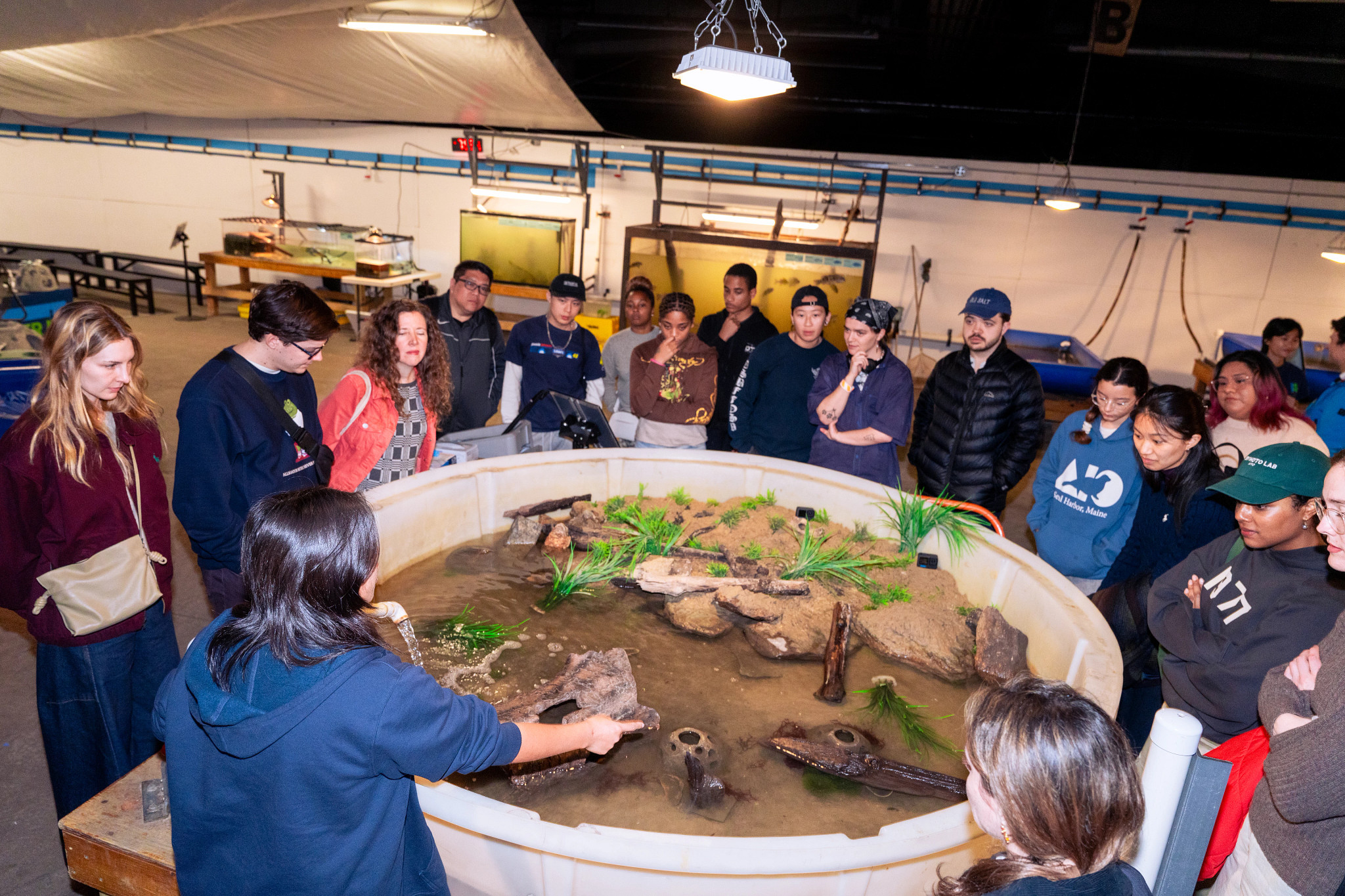 Visitors gathered around a large touch tank during a Wetlab program at Hudson River Park’s River Project.