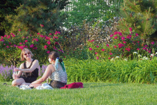 Two people sitting on the grass in a lush Hudson River Park garden with blooming pink flowers and greenery.