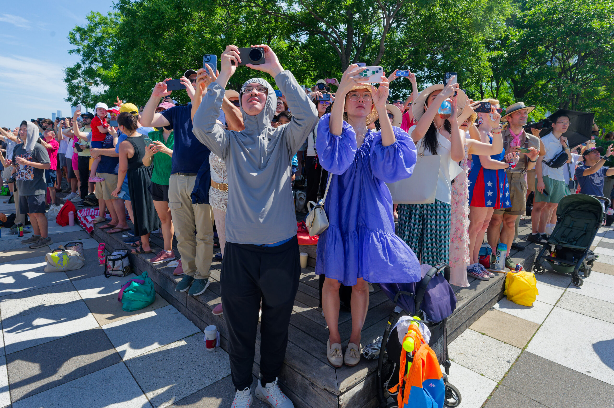 Crowd of people in front of trees; some taking photos